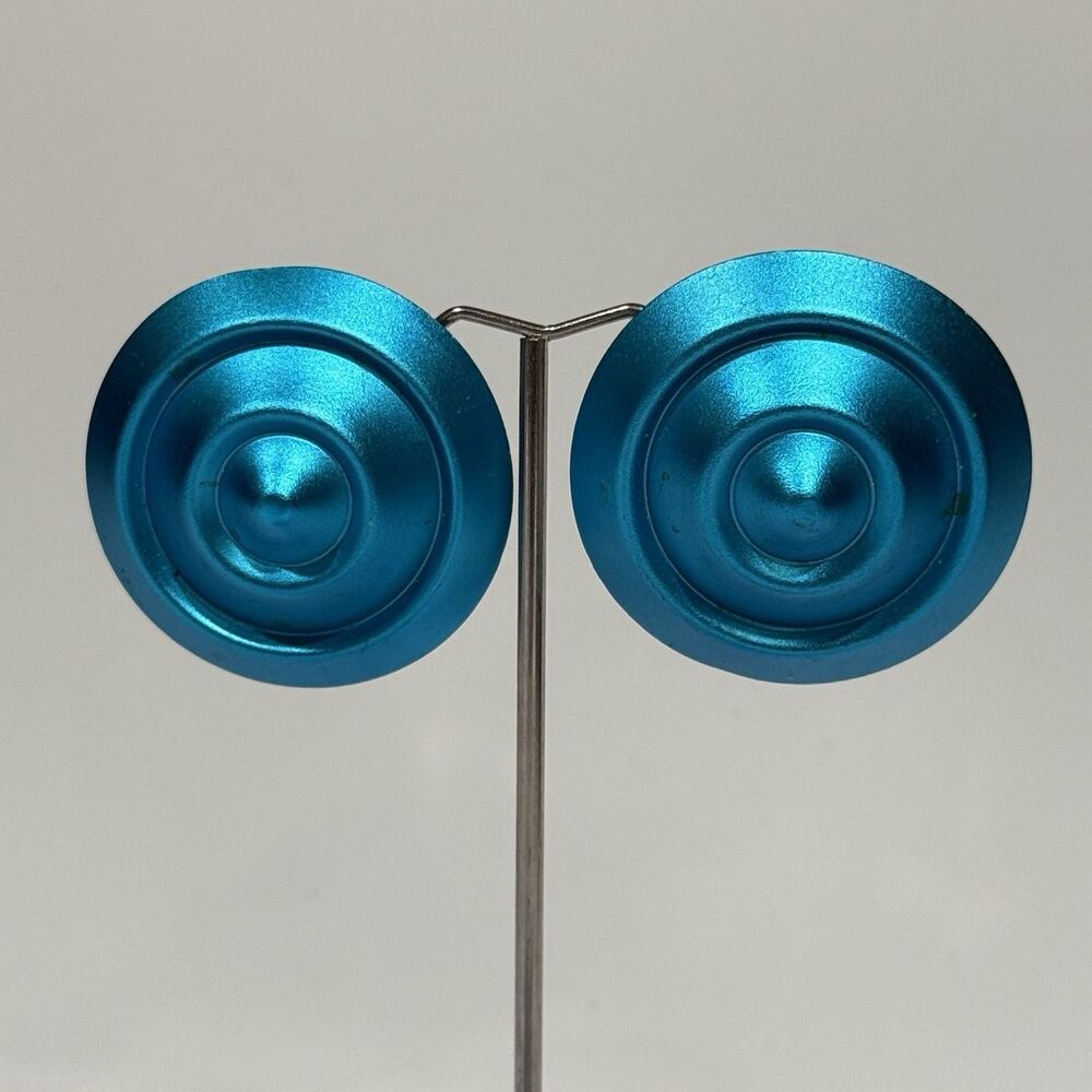 Vintage Large Blue Disc Earrings Statement Round Retro Clip On Bold Mod - Picture 7 of 11